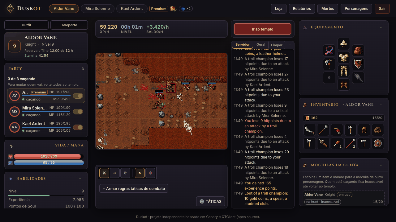 Tela do Duskot: um Knight caçando trolls com a party e o log de combate ao lado